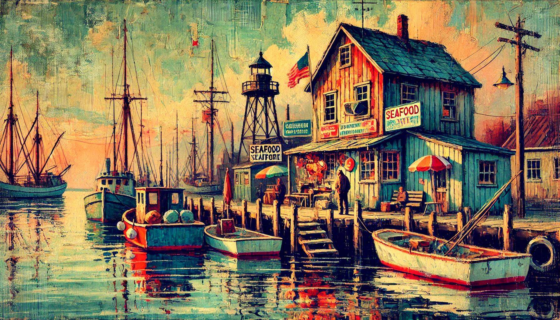 Quaint fishing port — mid-century scenic